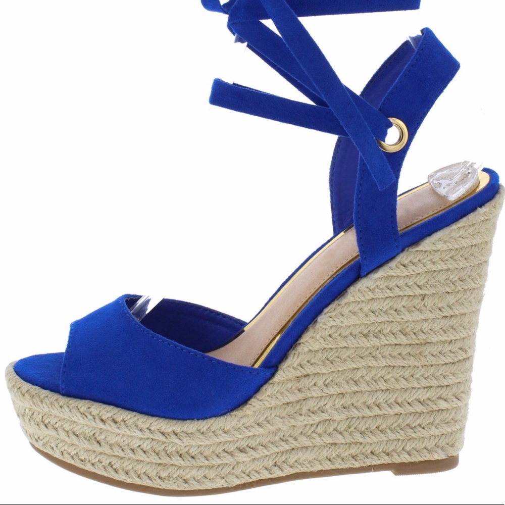 Royal blue espadrille ankle wrap wedges - Picture 3 of 3